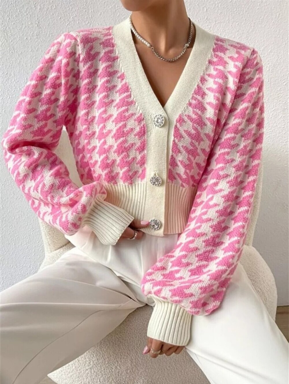 Houndstooth V-Neck Button Up Cardigan - Picture 2 of 6